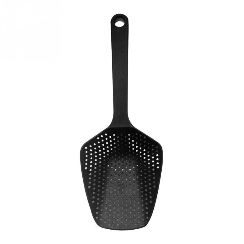 Large nylon strainer colander spoon with 1.90mm thickness in black colour for kitchen cooking and frying