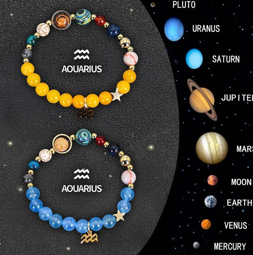 Natural stone beaded bracelets for twelve zodiac signs in two-piece astrology jewellery set