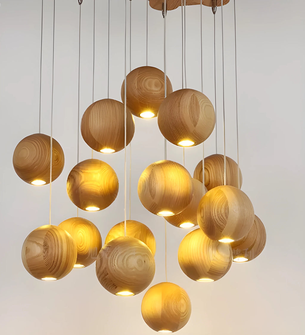Nordic wood ball chandelier pendant light with adjustable height and solid wood construction