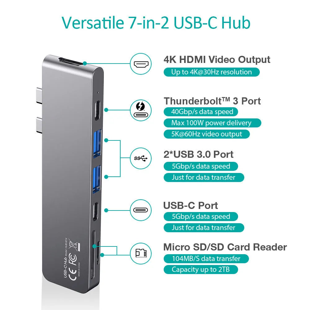 Silver aluminium USB-C 7-in-1 adapter hub with SD card slot, Micro SD slot, HDMI, USB 3.0, and USB-C ports