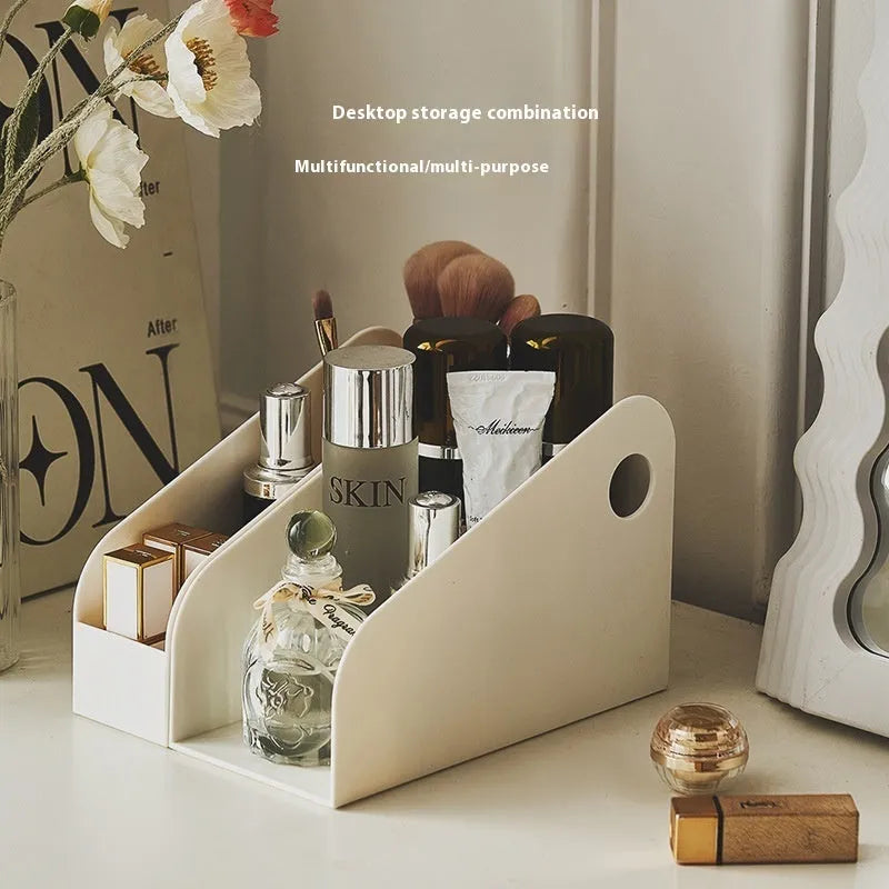 Plastic desktop stationery organiser with two-layer grid storage in milk coffee colour