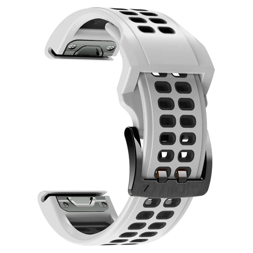 Quick release double-row hole silicone sports watch strap in a two-tone colour on a watch.