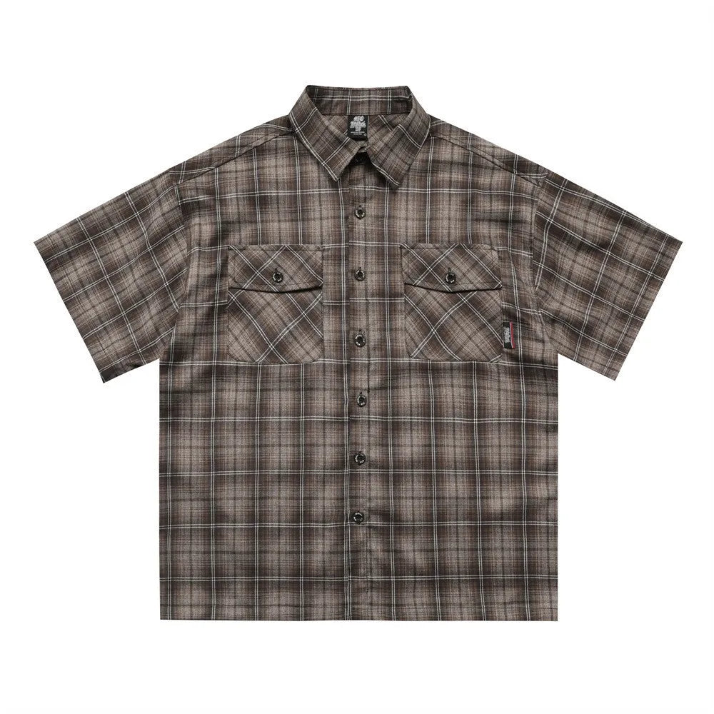 Men's black and brown plaid short sleeve shirt with embroidered letters and lapel collar