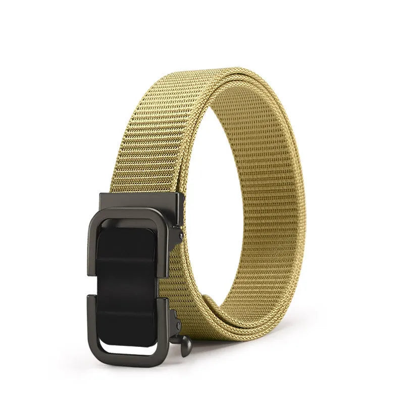 Toothless nylon canvas men's belt with alloy buckle shown in multiple colour options
