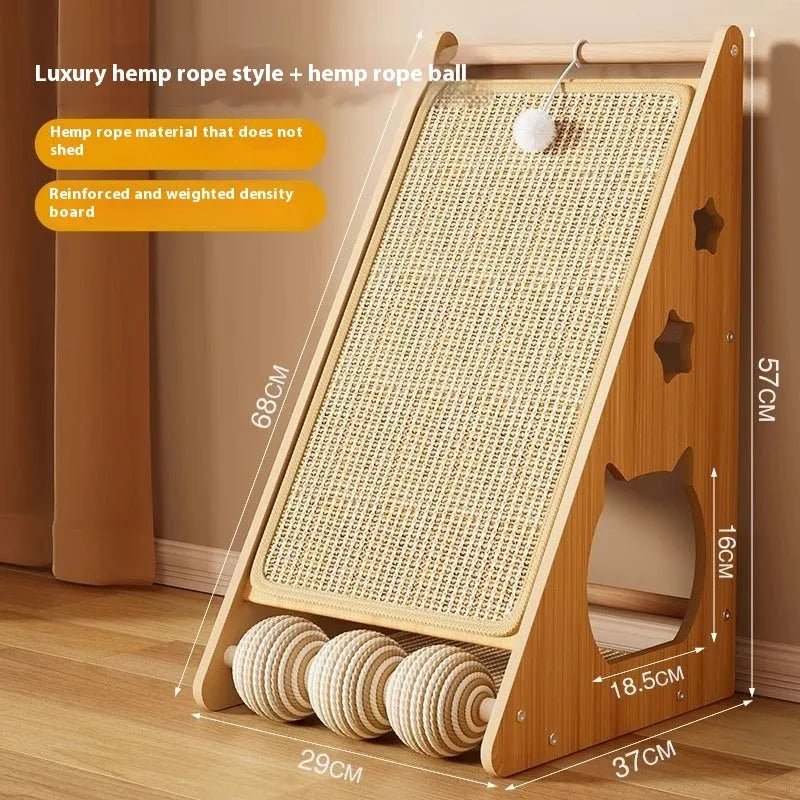 Vertical sisal cat scratch board with wall mounting and cat teasing ball design