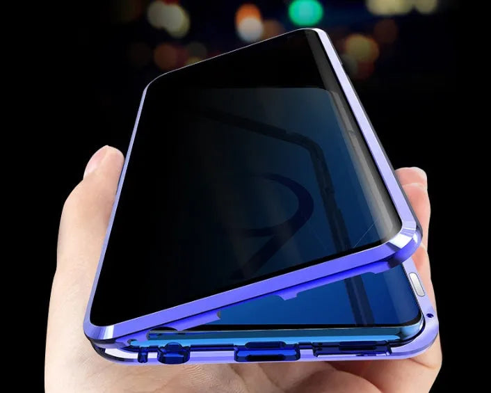 Black magnetic privacy phone case with clamshell design showing anti-peeping screen