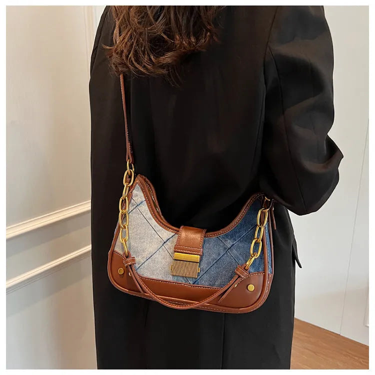 Brown denim women's shoulder bag with diamond chain detail and adjustable double straps