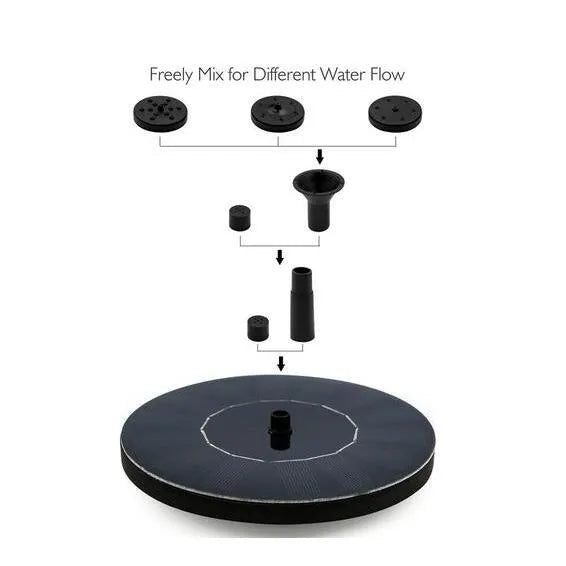 Black solar-powered floating fountain pump with four spray nozzles on a solar panel for garden ponds
