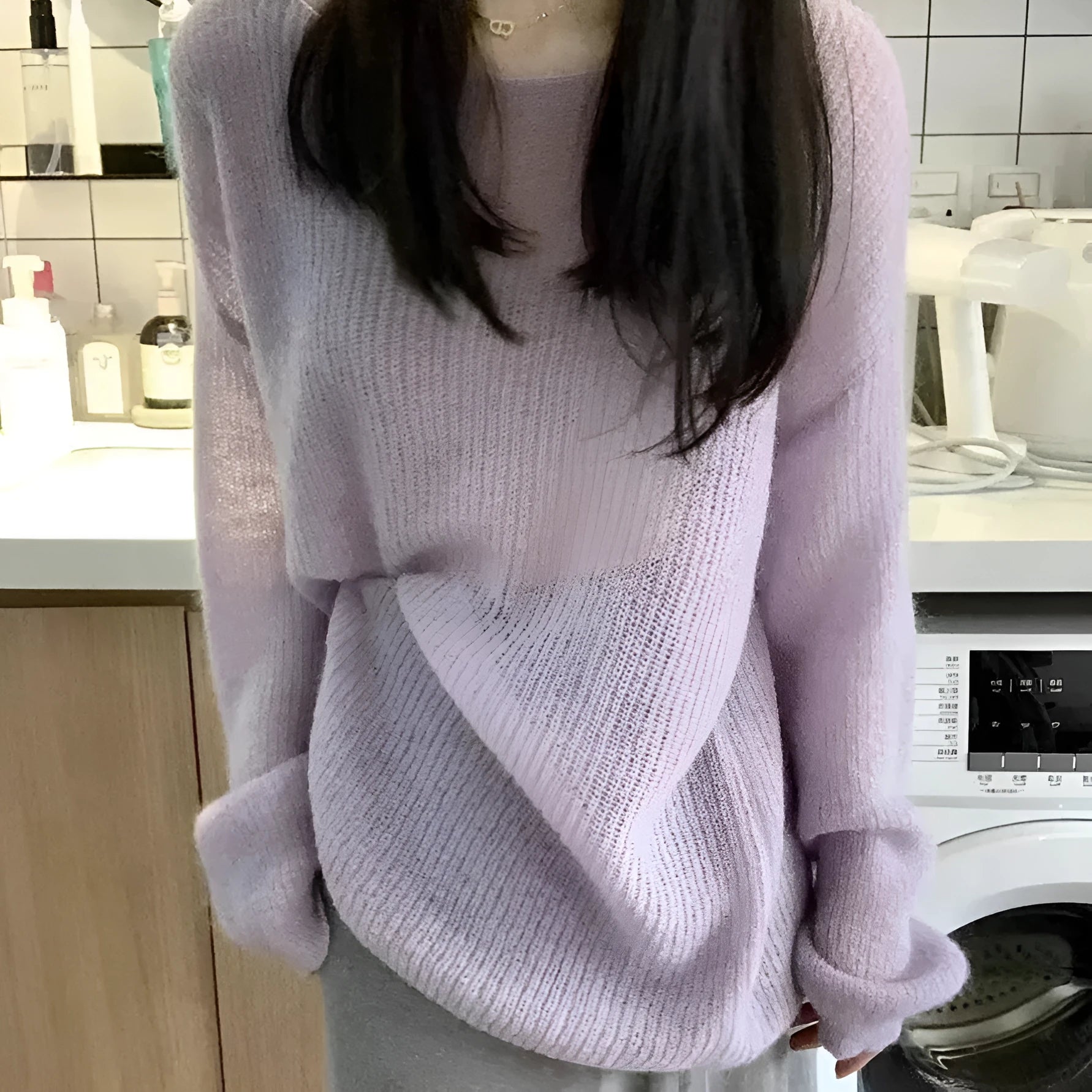 Purple women's blouse with hollow out detailing and princess sleeves in ice silk fabric