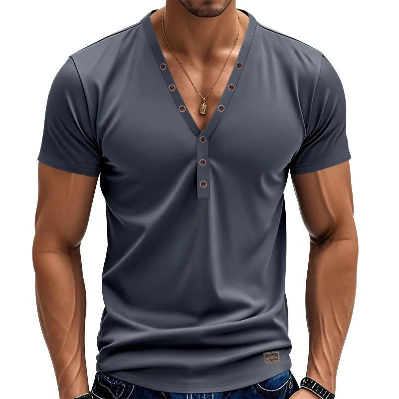 Men's loose V-neck pullover top with button detail in solid colour options