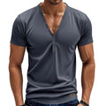 Men's loose V-neck pullover top with button detail in solid colour options