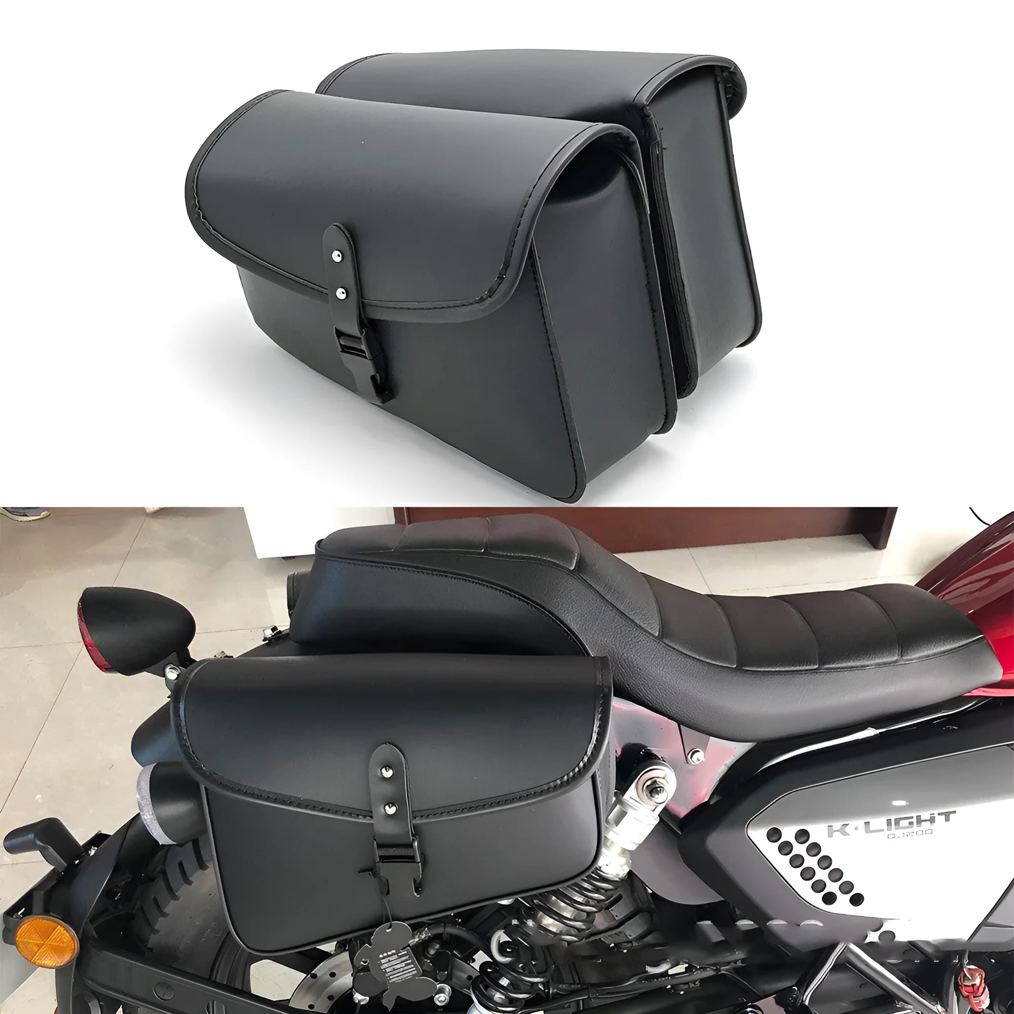 Black motorcycle swingarm saddlebag mounted on Harley-Davidson Sportster side