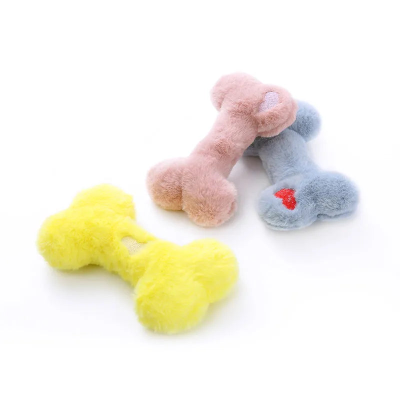 Soft blue plush love bone dog toy with a squeaker for interactive play.