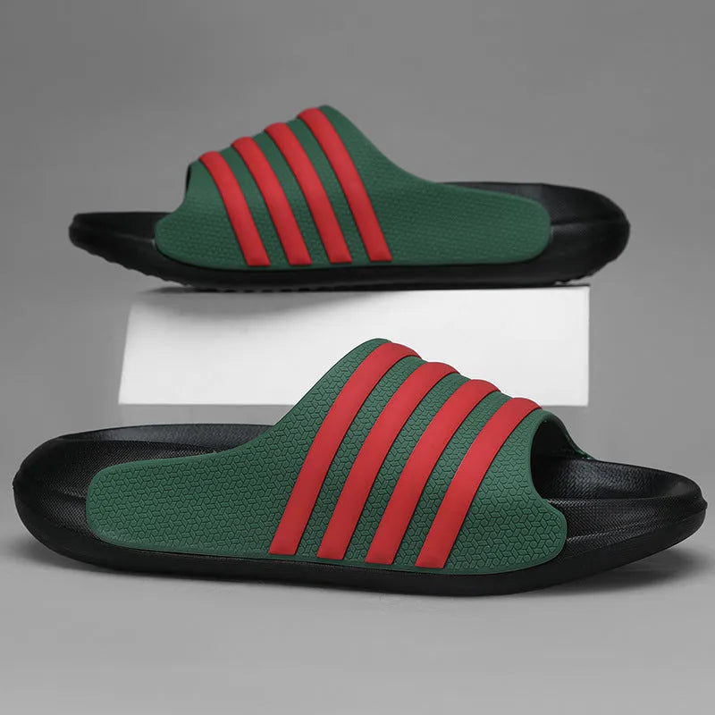 Casual unisex slip-on slippers with PVC upper and EVA sole for outdoor leisure wear.