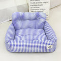 Grey and blue plaid cloth dog travel nest for car use, shown in two sizes.