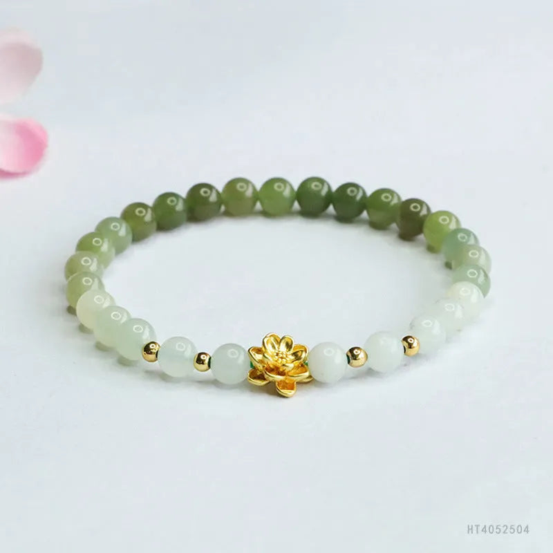Hand-woven Hetian jade gradient bracelet with lotus beads, 17cm length