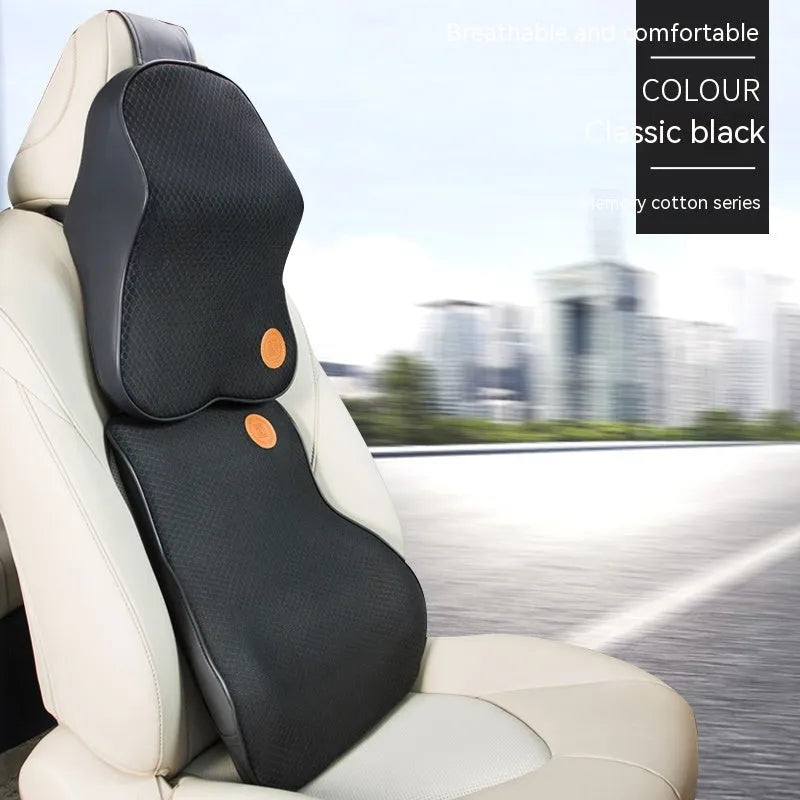 Black memory foam car headrest pillow and lumbar support pillow set on car seat