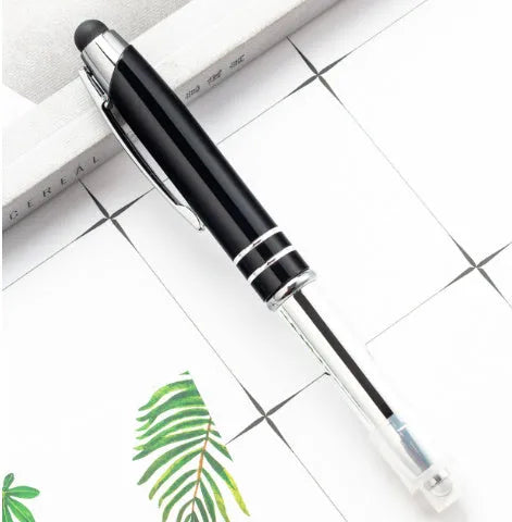 Metal capacitive stylus and ballpoint pen with LED light in five colour options.