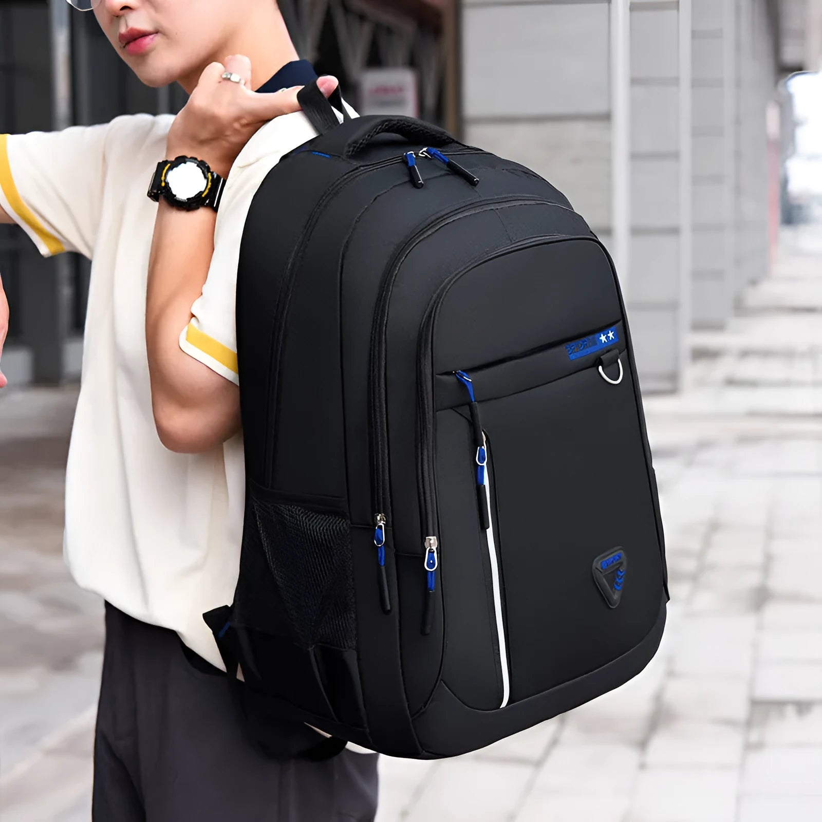 Men's large capacity Oxford cloth schoolbag in red with spliced design and air pillow straps.