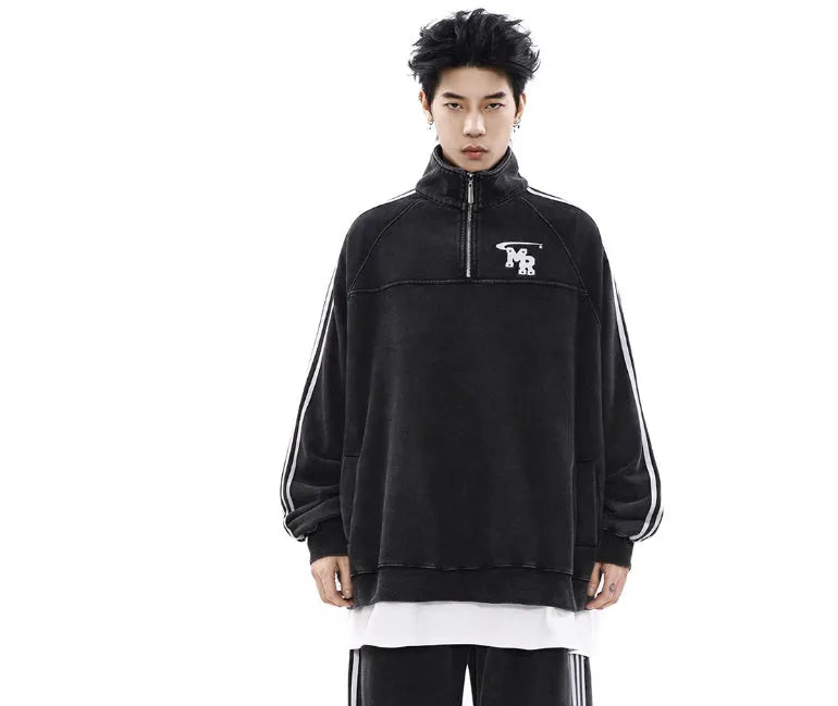 Black Hong Kong style retro sports hoodie with stand collar and long sleeves