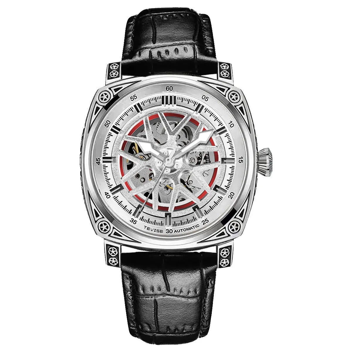 Stainless steel automatic mechanical men's watch with leather strap in blue, black, rose white or white colour options