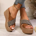 Brown and black cross leopard plaid wedge sandals with rubber sole