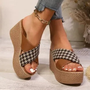 Brown and black cross leopard plaid wedge sandals with rubber sole