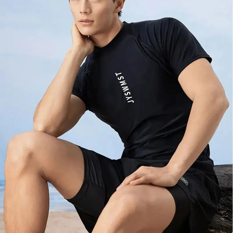 Men's polyester swimsuit set with matching top and trousers in multiple colour options