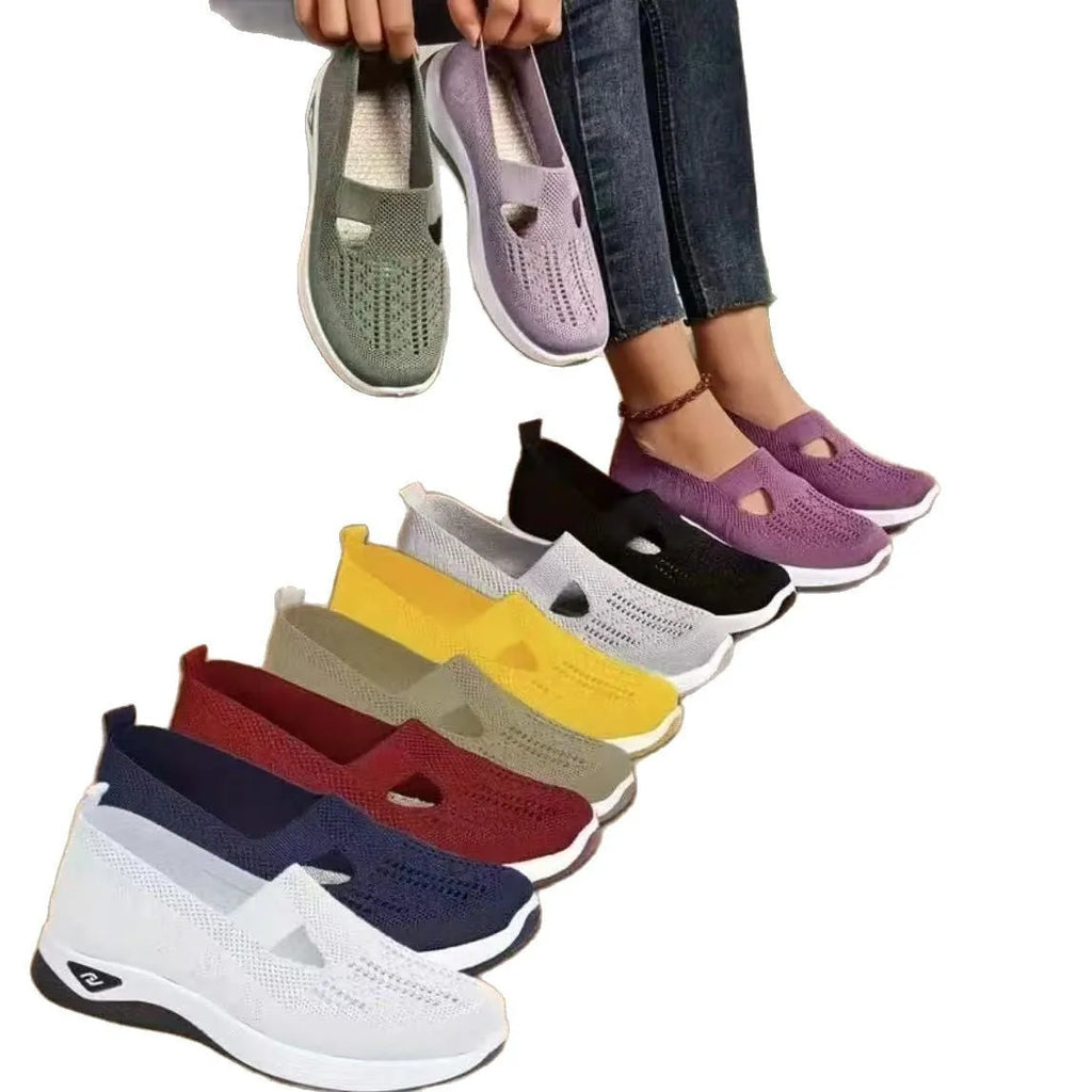 Women's casual mesh shoes with T-strap design and soft PVC soles in multiple colours