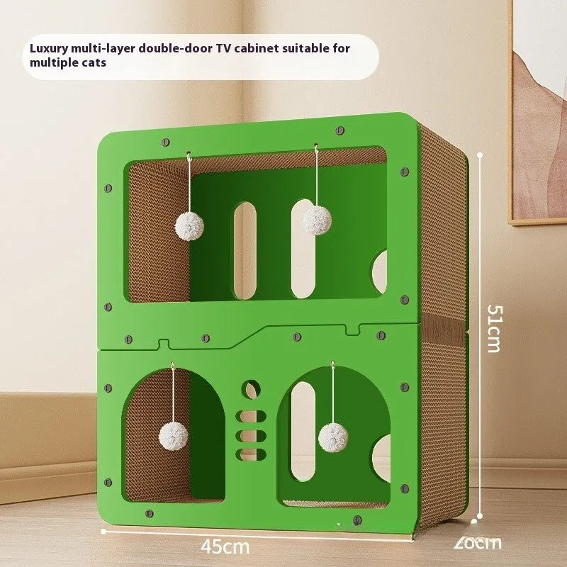 Double layer cat scratching board with attached enclosed cat nest in selected style