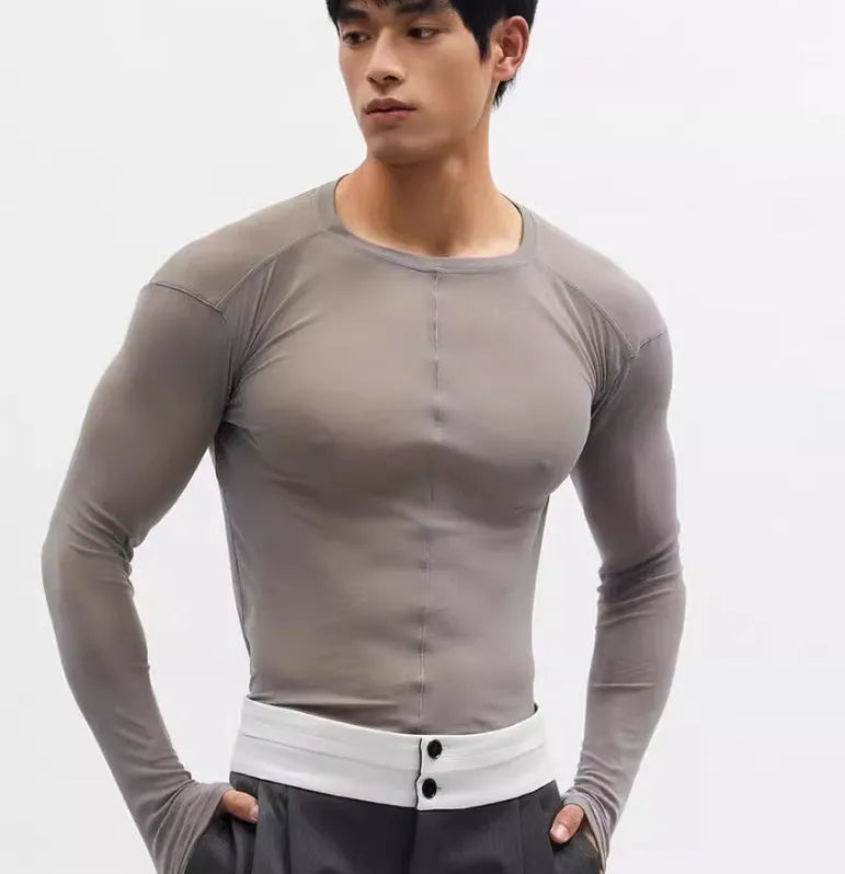 Black mesh see-through slim-fit long sleeve women's pullover top on a hanger.