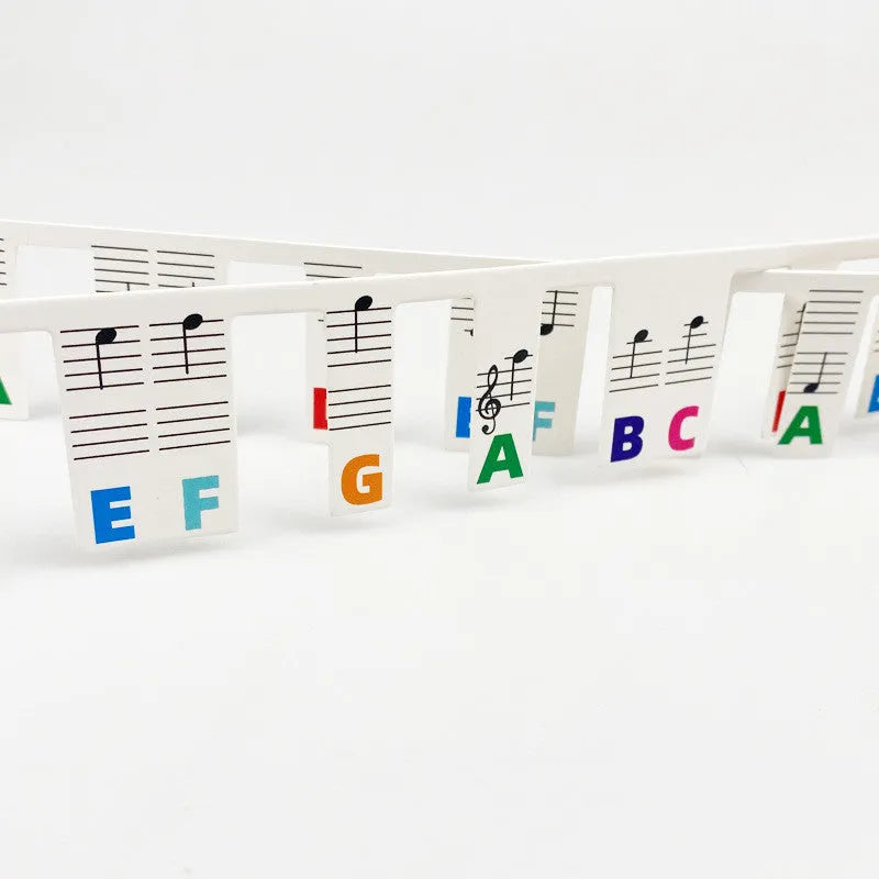 Piano note bar stickers for 88-key keyboards with colour-coded staff notation and black note indicators