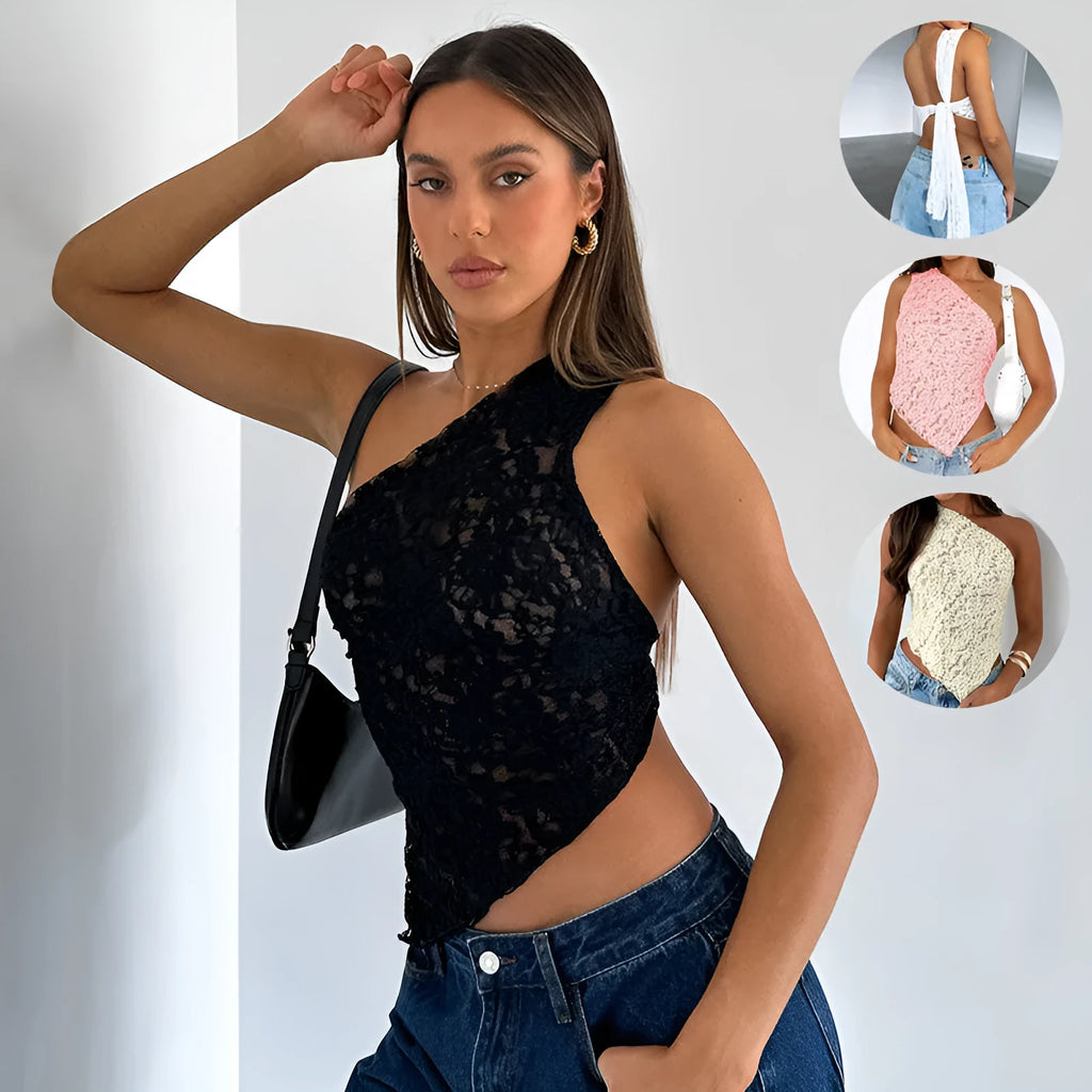 Women's lace backless top with asymmetrical neckline in polyester sleeveless vest street hipster style