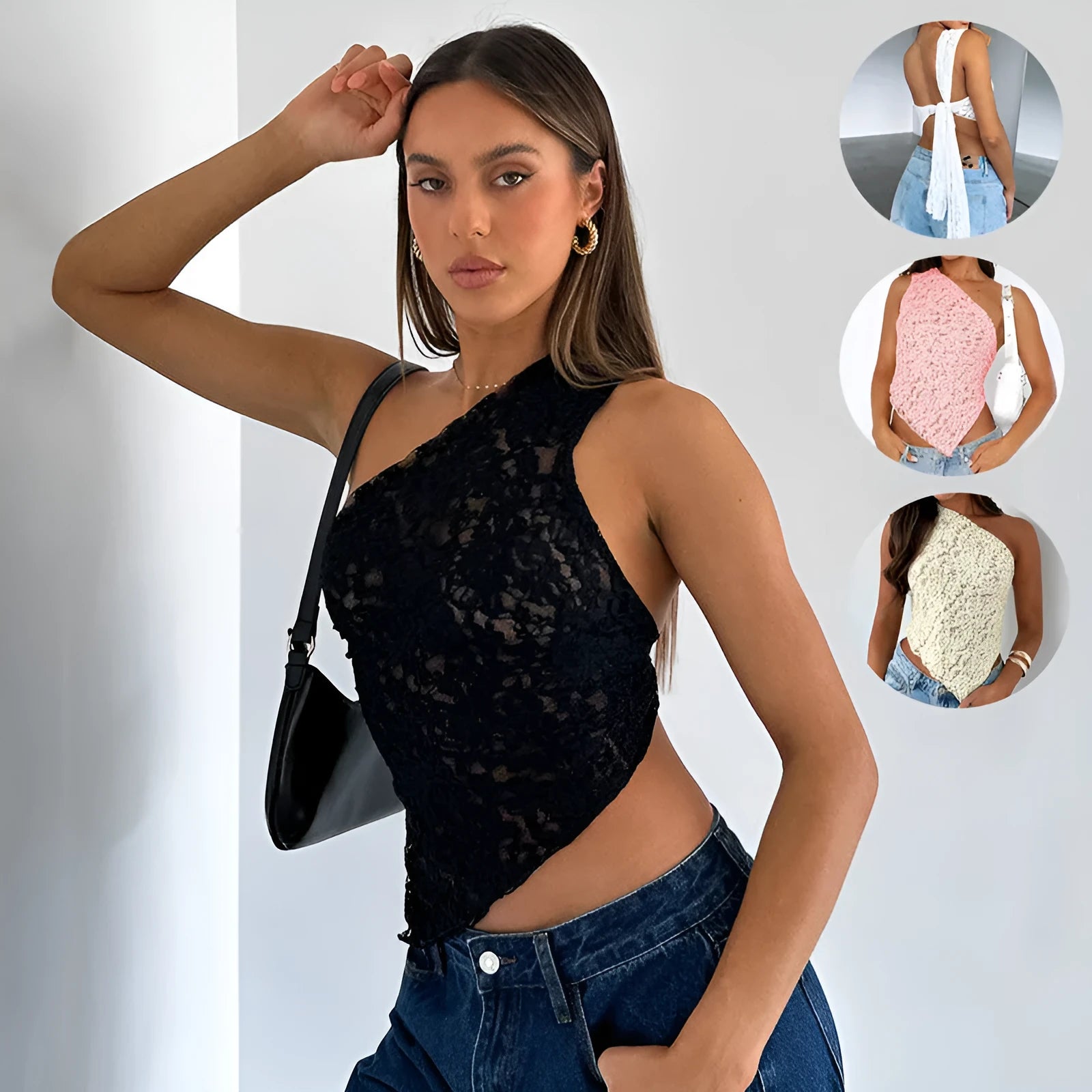 Women's lace backless top with asymmetrical neckline in polyester sleeveless vest street hipster style