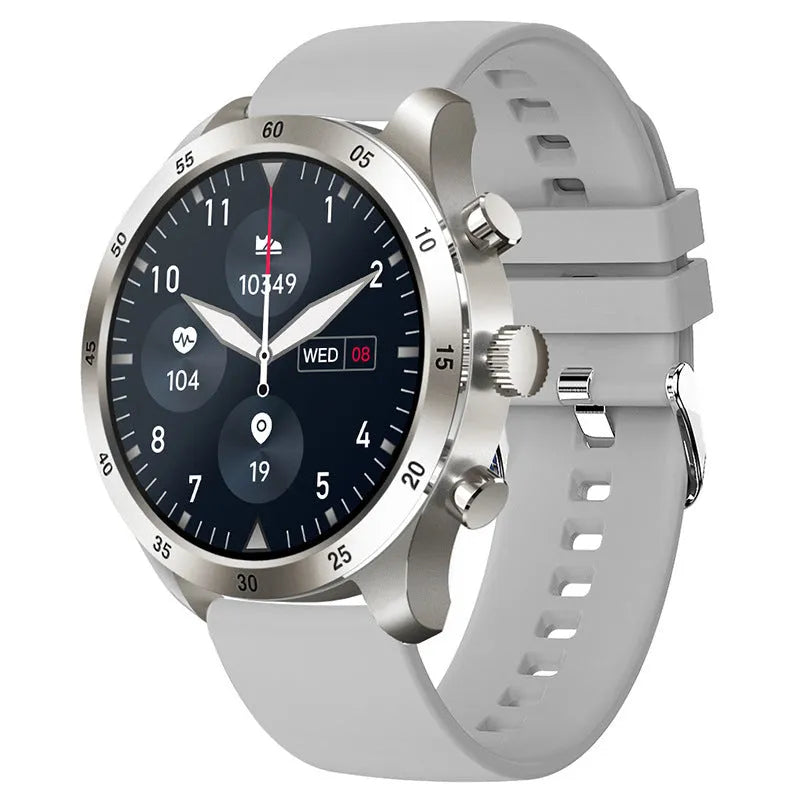 Black smart watch with touch screen display on a steel link bracelet, showing call interface.