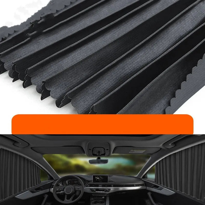 Retractable car sunshade curtain in black colour showing roller shutter mechanism