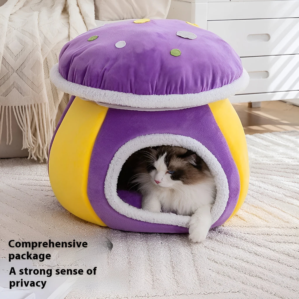 Mushroom-shaped plush cat bed in grey colour with detachable blanket