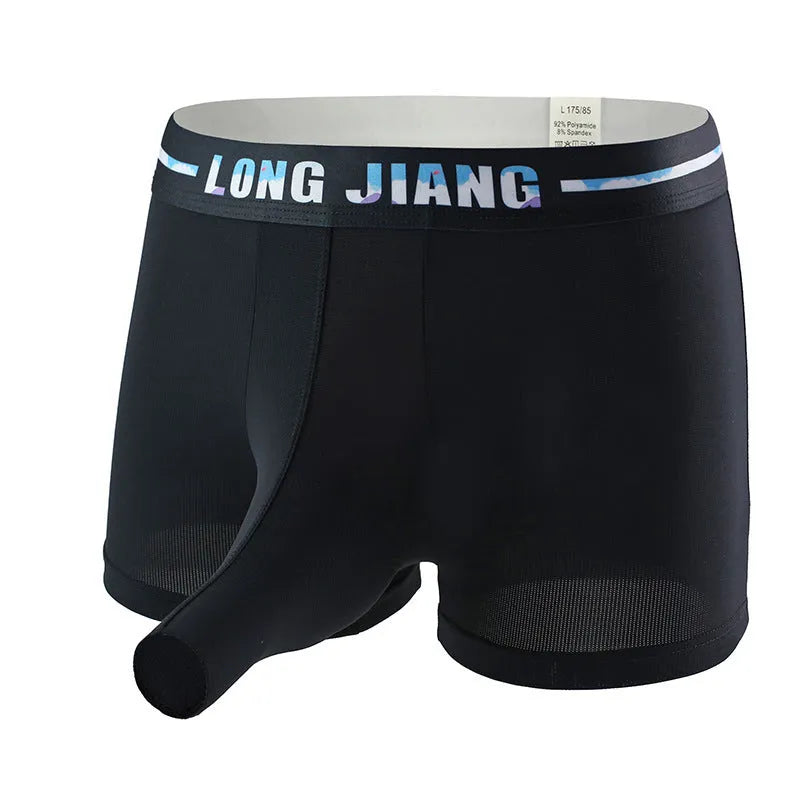 Men's ice silk trunk open boxer briefs on a solid background, showing the mid-waist fit.