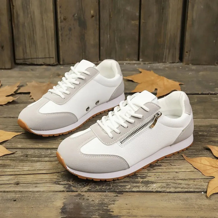 Women's flat-heeled shoes in grey, white and champagne colours with artificial PU upper and rubber sole