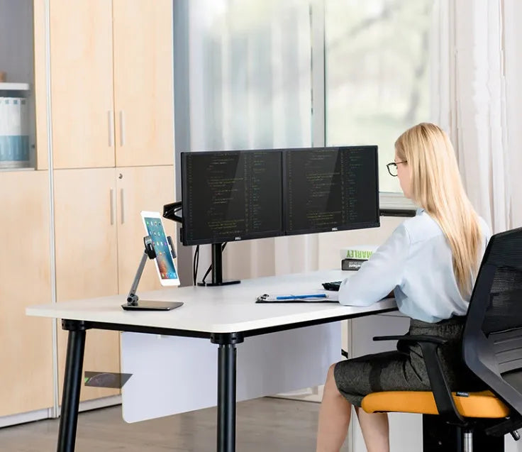 Silver folding aluminium desktop phone and tablet stand with 360° rotating base