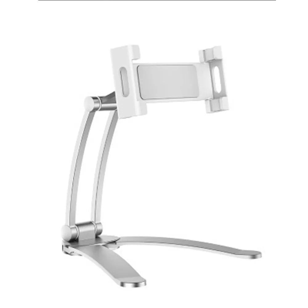 Silver aluminium alloy tablet stand with white mount and adjustable clip on a desktop