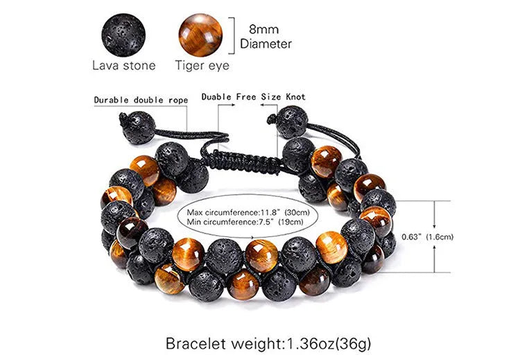 A pair of matte black agate bead bracelets with geometric design for him and her.