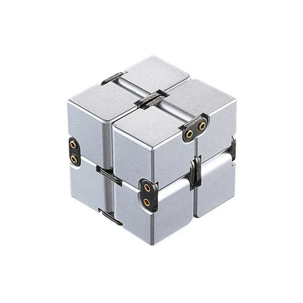 Silver zinc alloy infinity cube fidget toy with rotating segments shown on a flat surface
