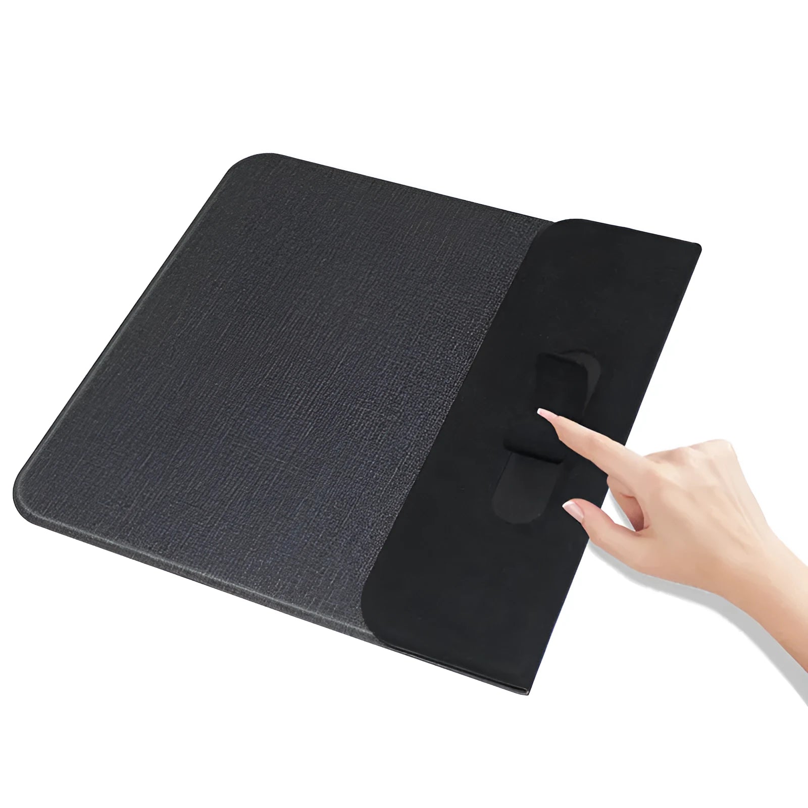 Foldable cloth wireless phone charging holder showing 10W power and 8mm charging distance.