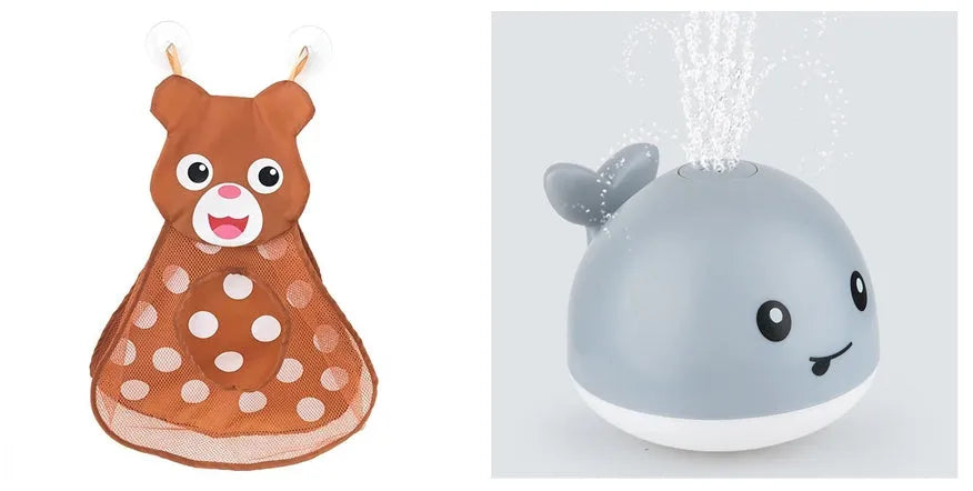 White and blue whale-shaped bath toy with water spray and LED lights floating in water