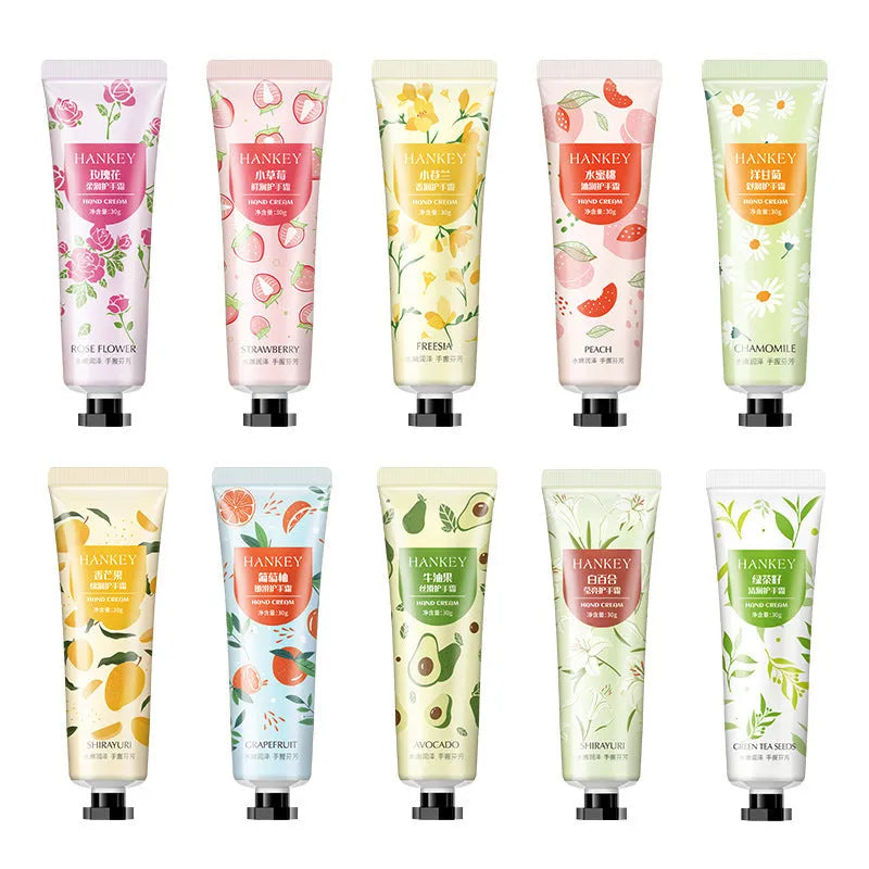 30g Fruit Hand Cream tube in multiple fragrance options including avocado and chamomile