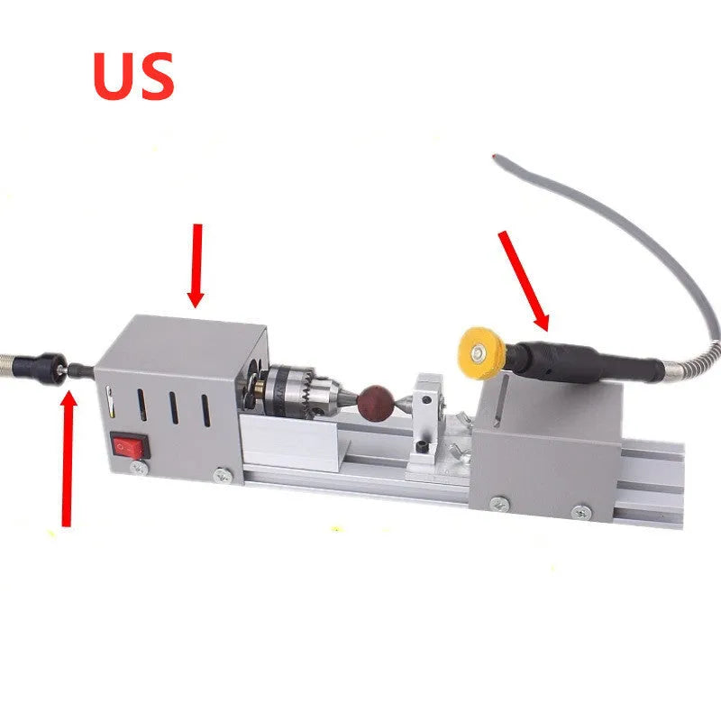 Mini metal silver woodworking lathe with carving knives and accessories for small craft projects