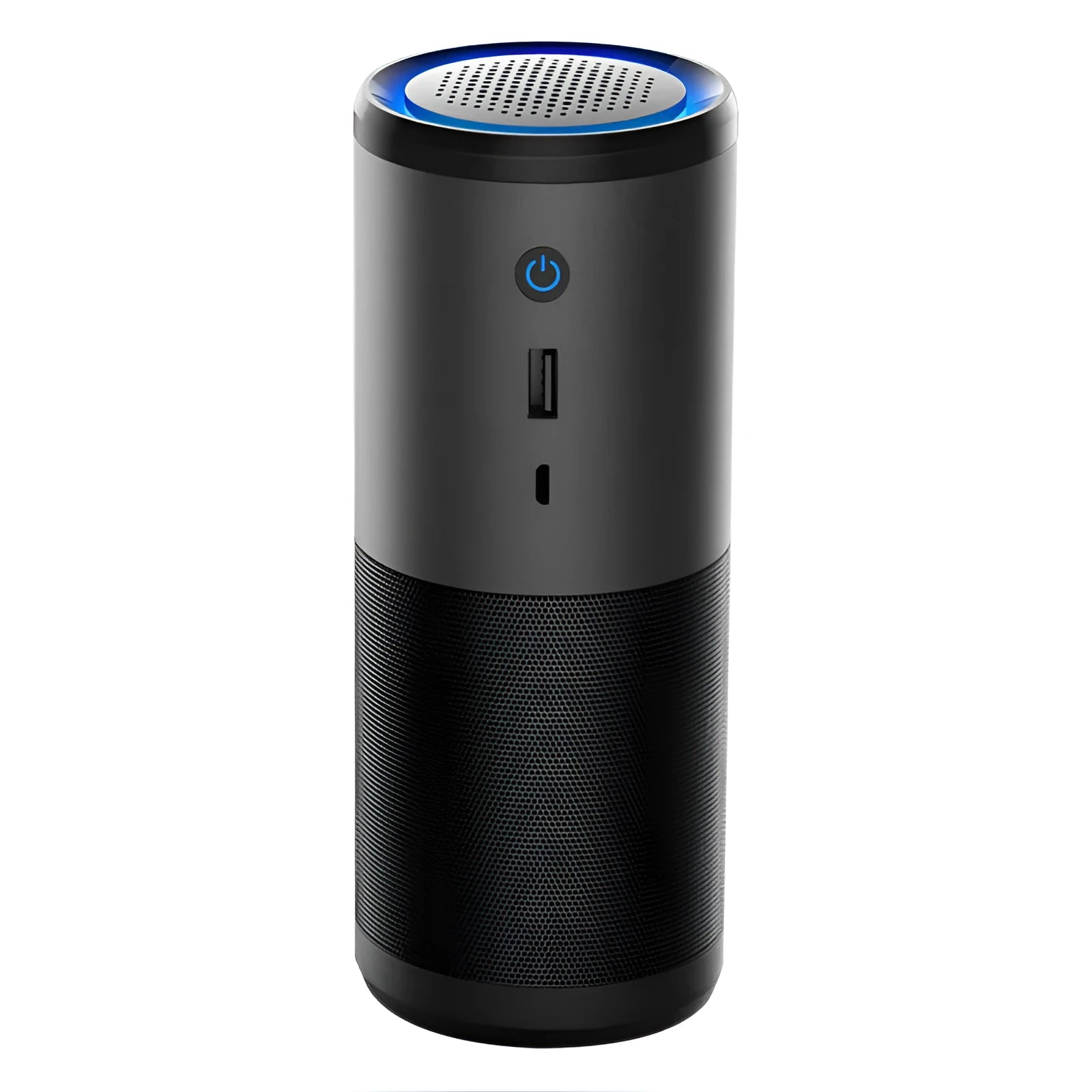 Compact black portable car air purifier with USB port and air quality indicator light.