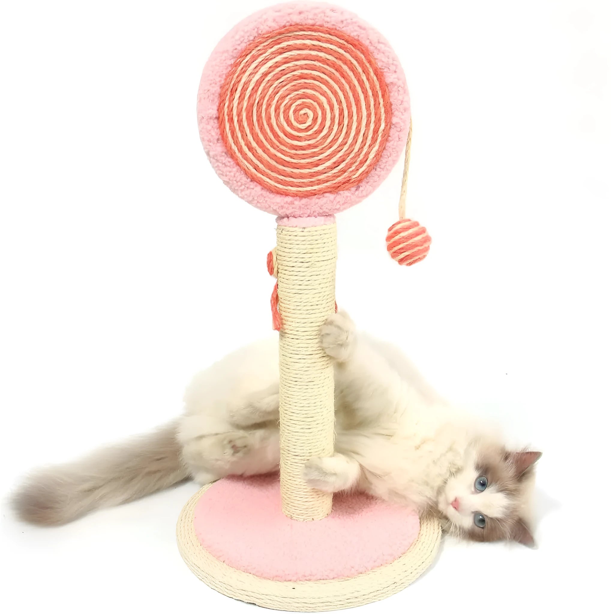 Blue cat scratching post with hanging ball on sturdy wooden base
