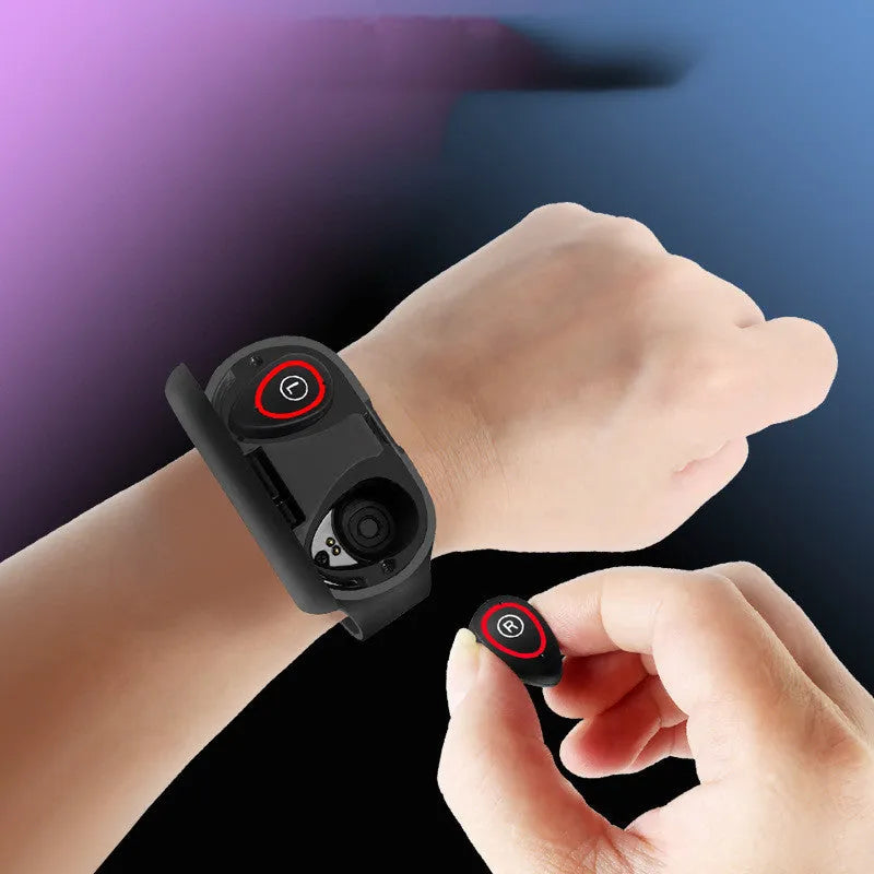 Smart bracelet with integrated Bluetooth earphones in silicone wristband showing 1-inch screen